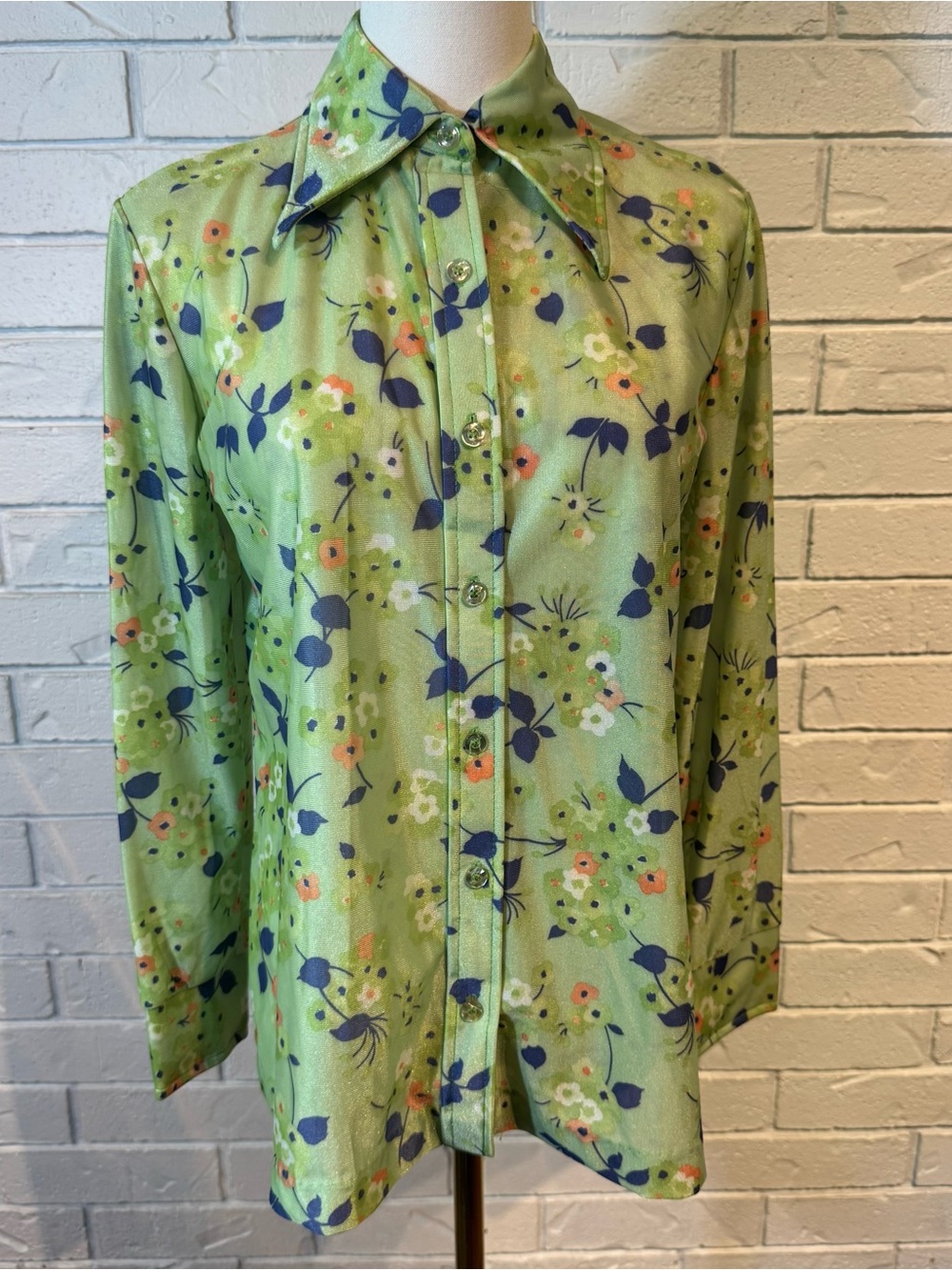 Vintage 70s Jantzen Green Floral Dagger Collar Buttondown Shirt Womens M